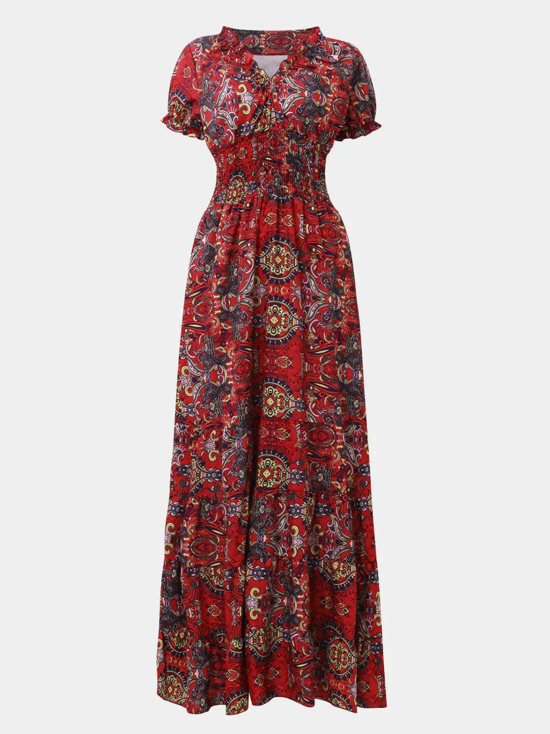 ND | Grande robe avec décolleté en V smocké et manches courtes