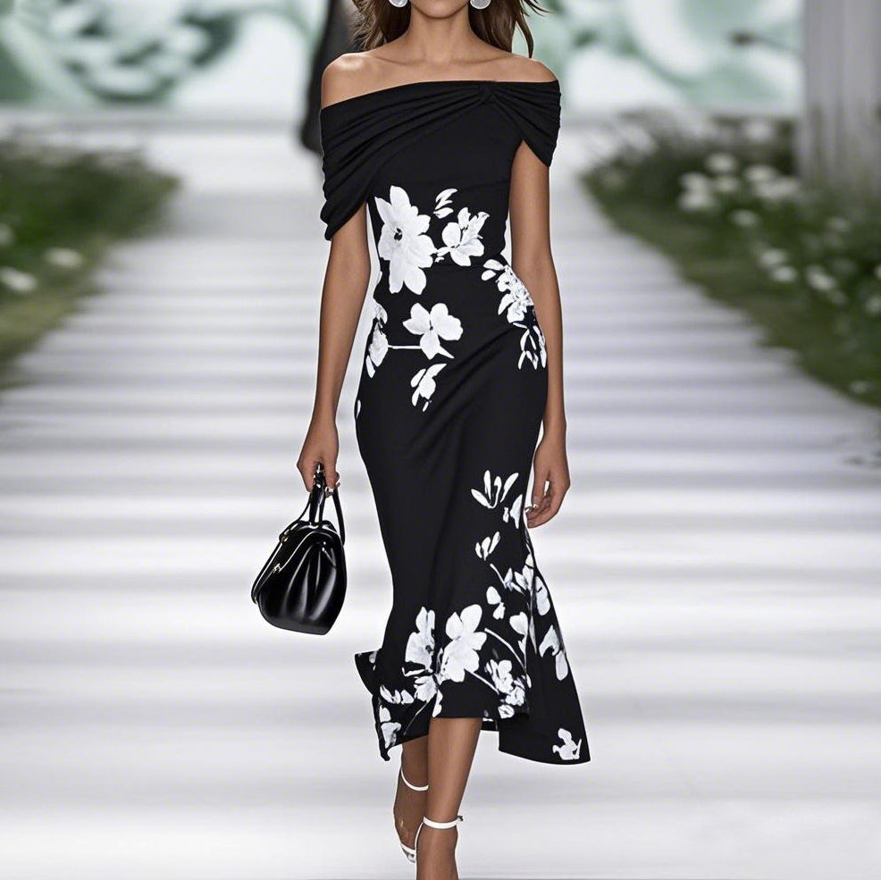 EP | Robe midi pour femme - épaules nues - cintrée - imprimé fleuri - mélange respirant