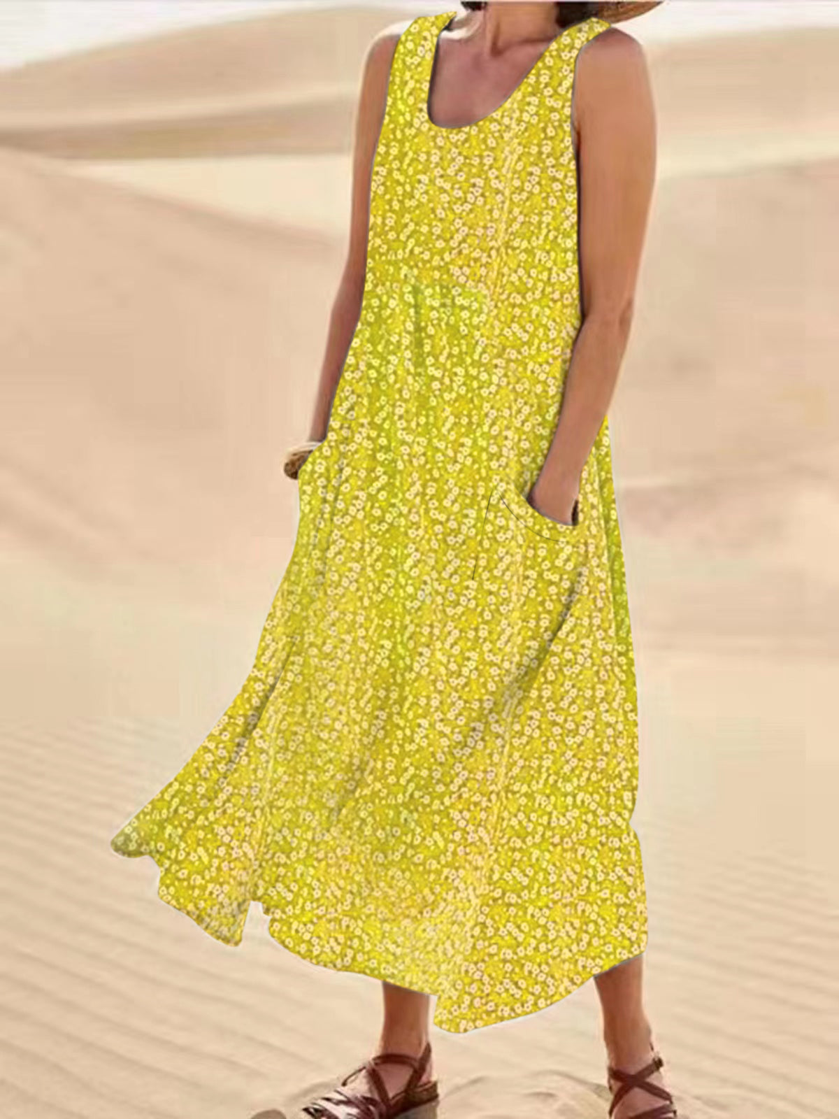 ND | Emma - Robe sans manches à col rond, grande robe fleurie balancée, taille L