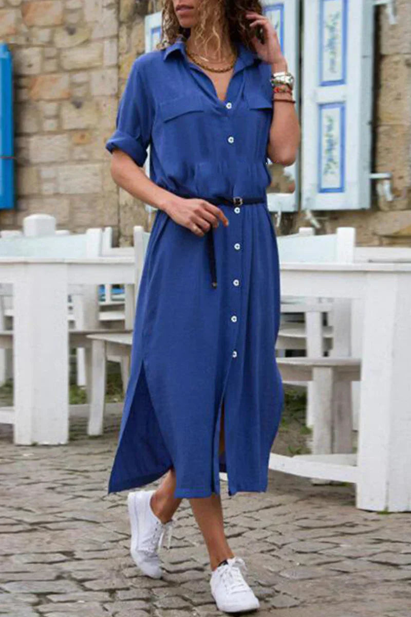 ND | Robe chemisier décontractée avec col rabattu et patchwork uni