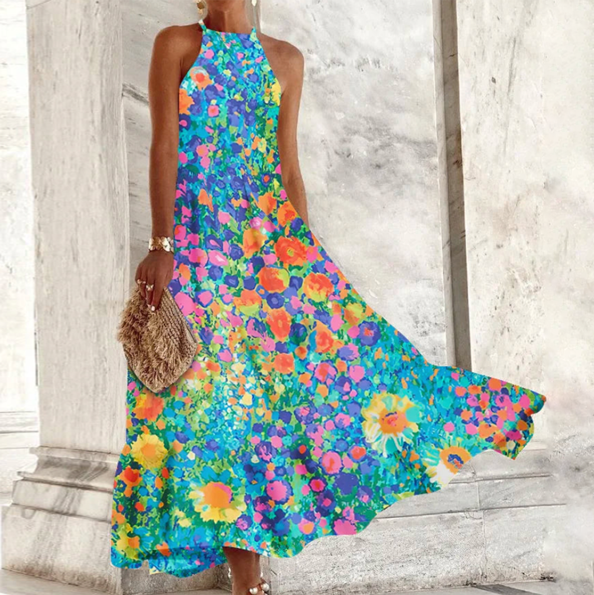 ND | Hanna - Maxi-robe bleue sans manches avec bretelles autour du cou