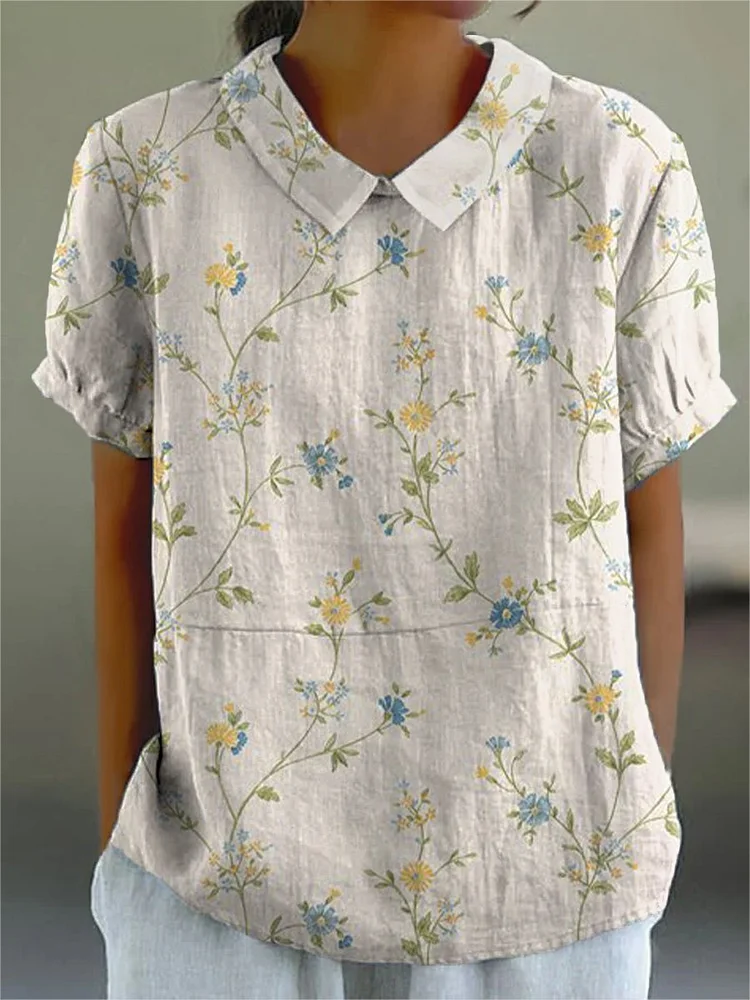 ND | Julia - Chemise de loisirs pour femmes en coton et lin avec petit motif floral bleu et jaune