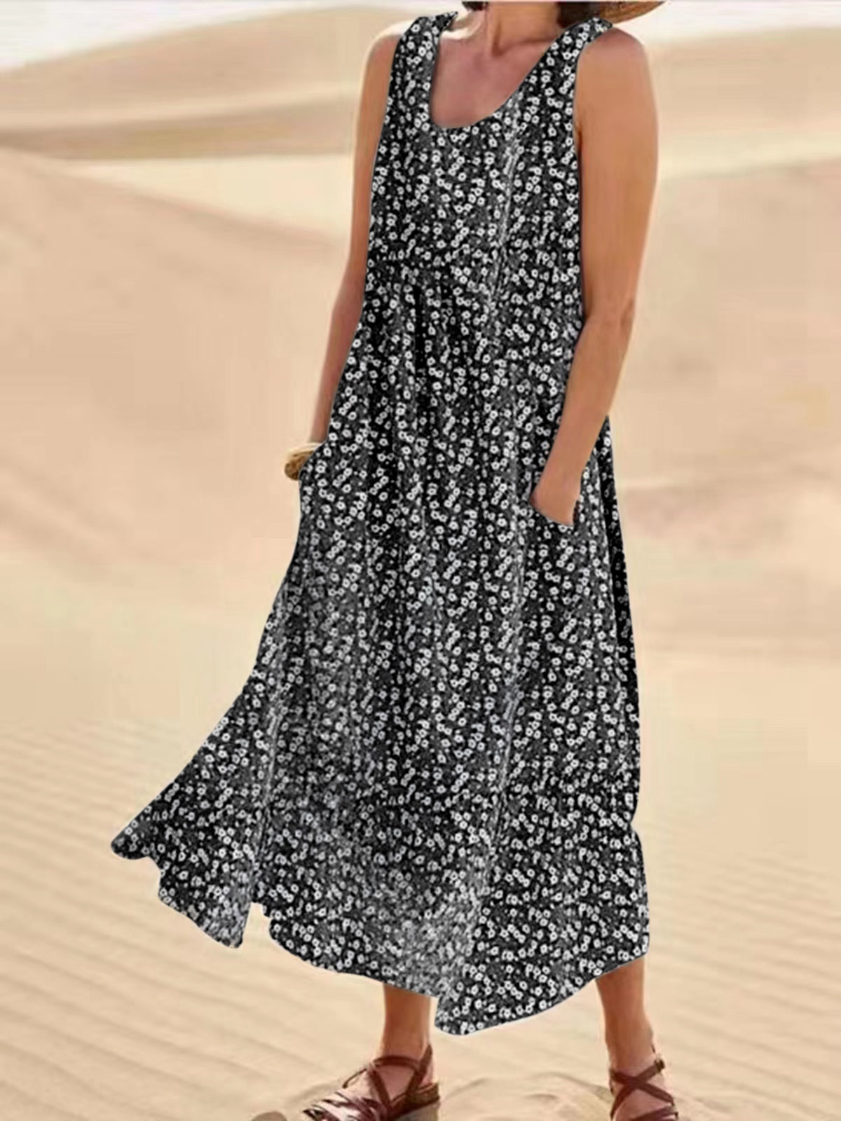 ND | Emma - Robe sans manches à col rond, grande robe fleurie balancée, taille L
