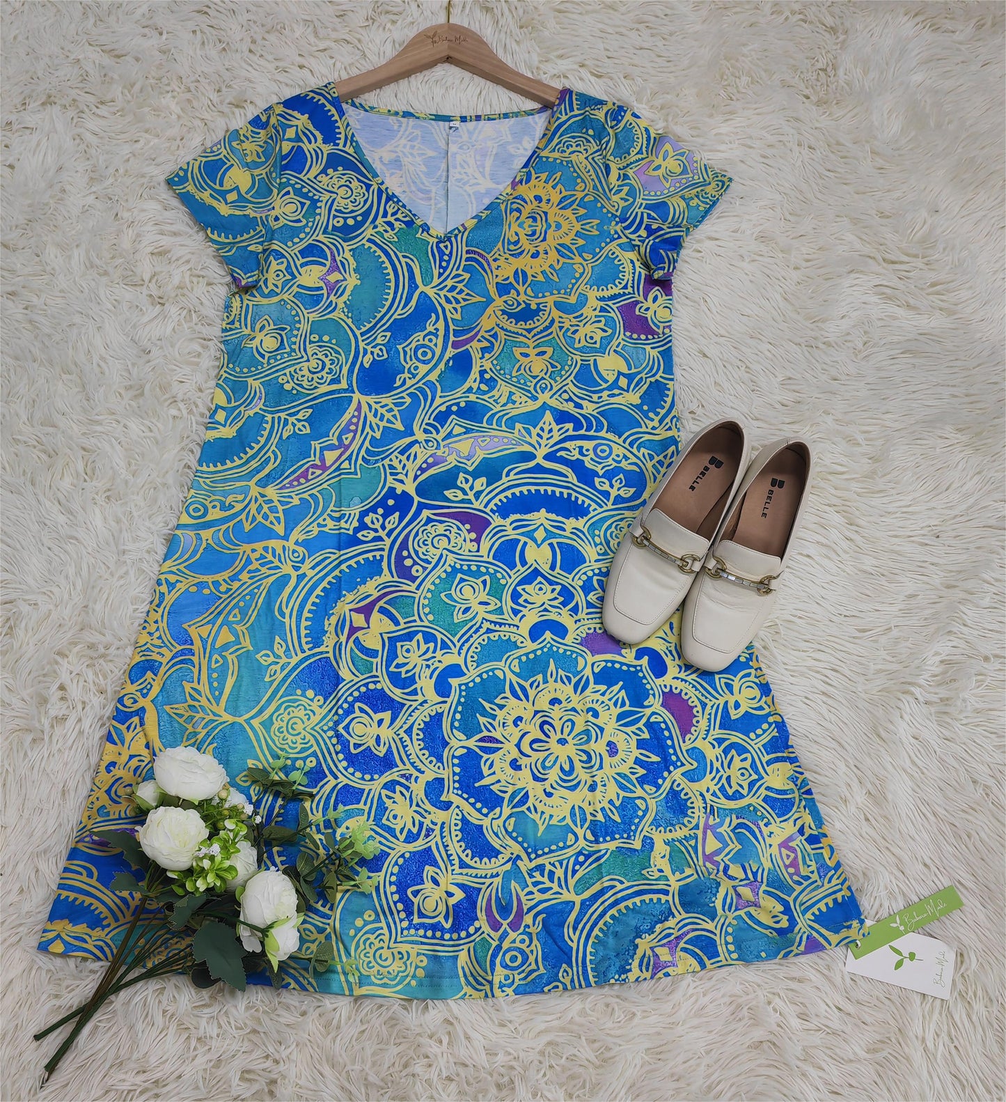 ND | Mini-robe bleu océan à manches courtes et à la longueur du genou, imprimée de mandalas