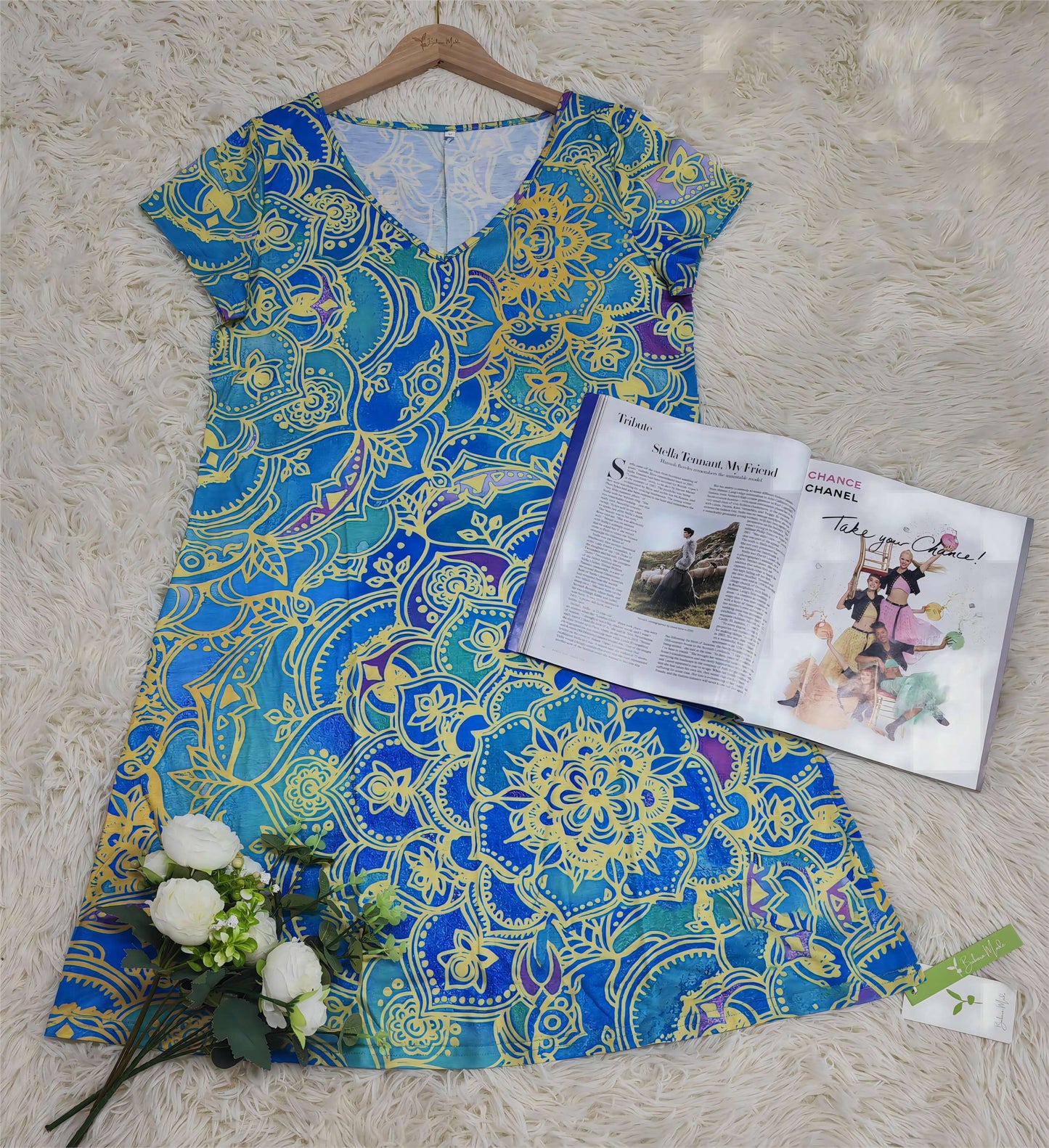 ND | Mini-robe bleu océan à manches courtes et à la longueur du genou, imprimée de mandalas
