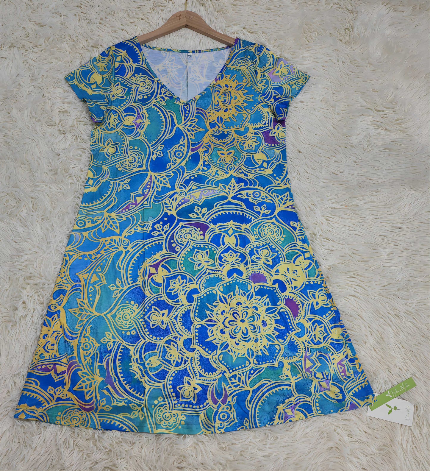 ND | Mini-robe bleu océan à manches courtes et à la longueur du genou, imprimée de mandalas