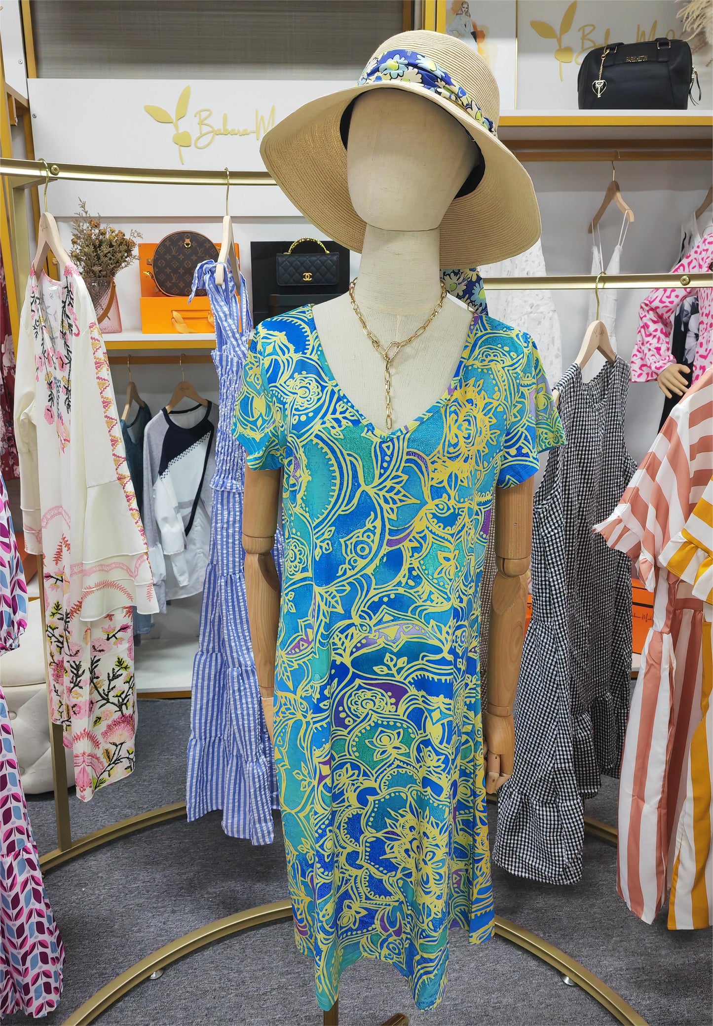 ND | Mini-robe bleu océan à manches courtes et à la longueur du genou, imprimée de mandalas