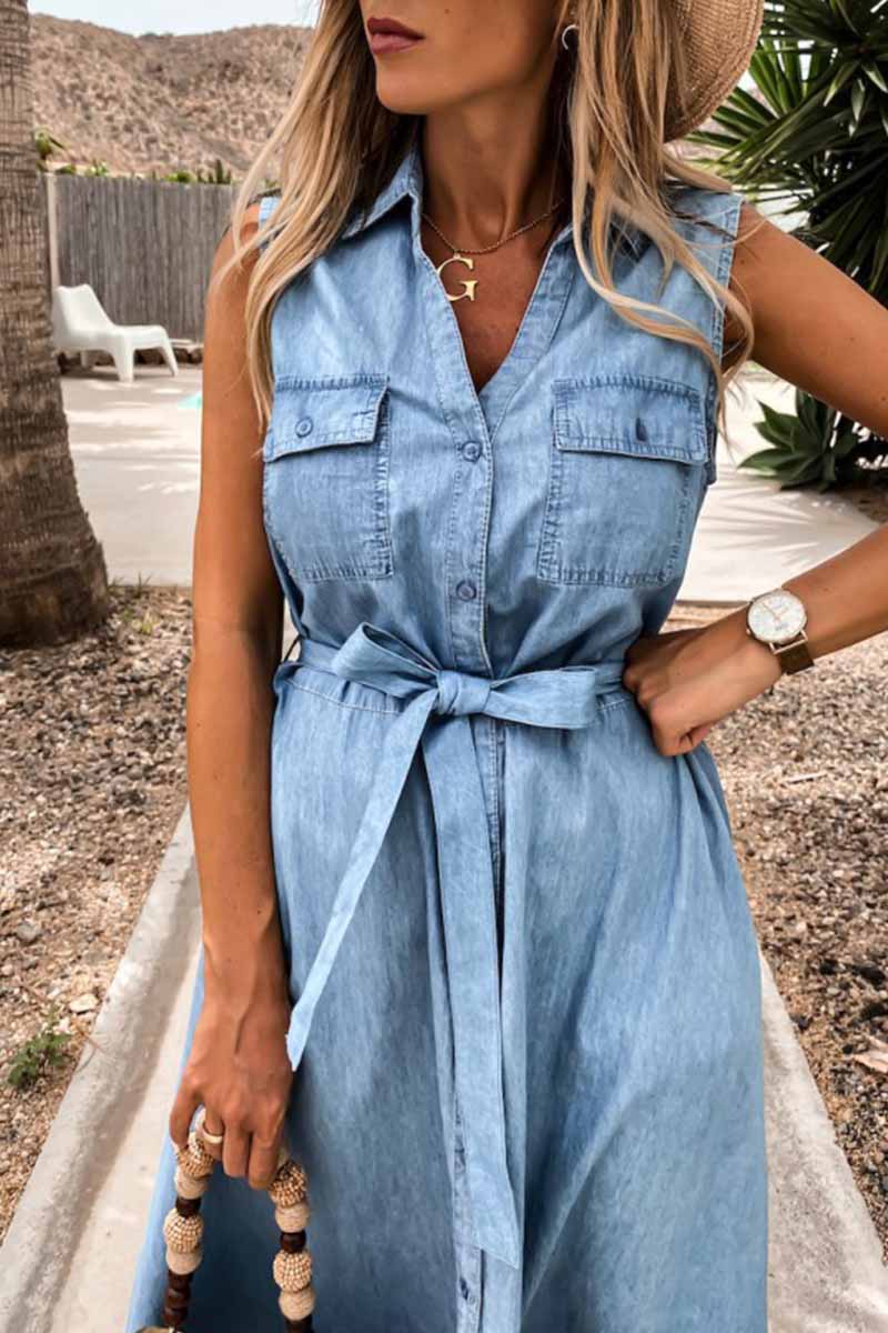 EP | Florcoo Robe midi en denim sans manches, lacée, à une seule rangée de boutons