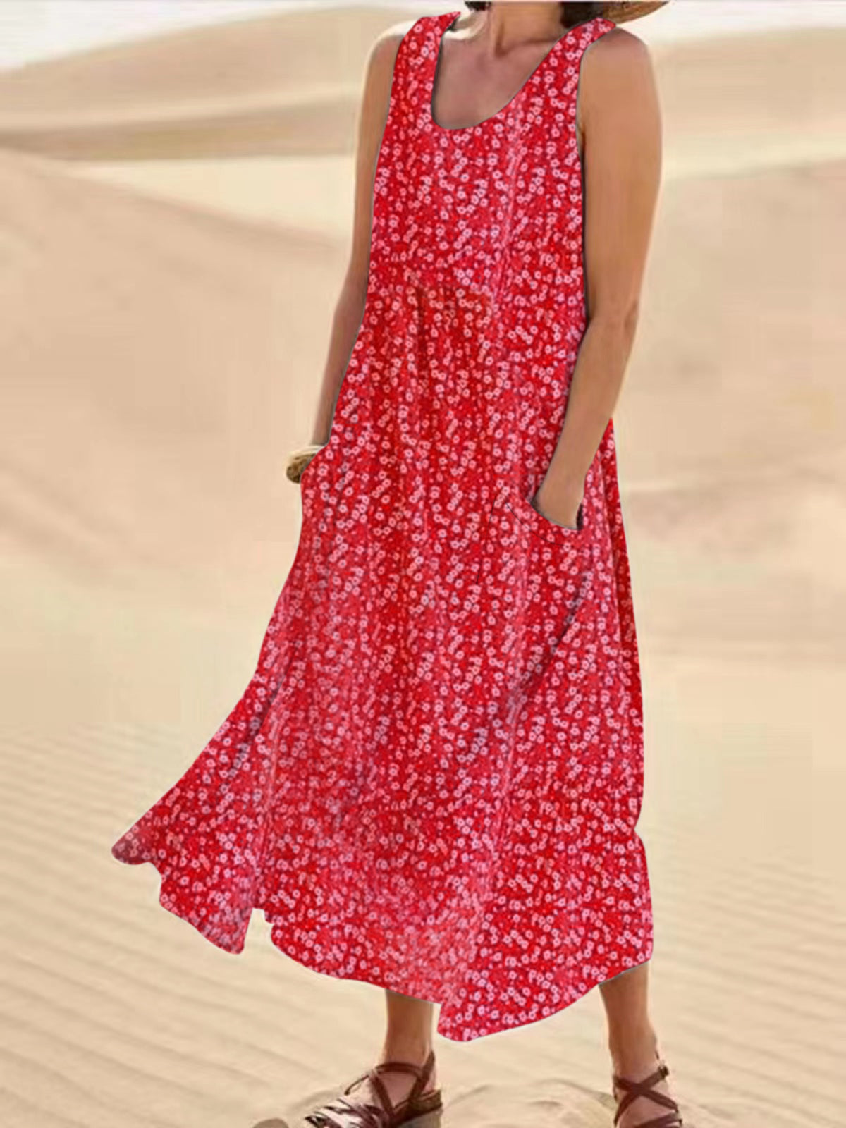 ND | Emma - Robe sans manches à col rond, grande robe fleurie balancée, taille L