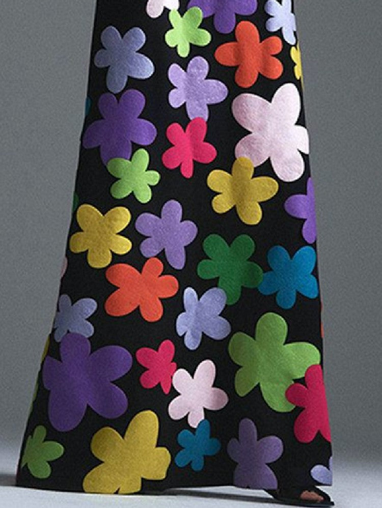 ND | Maxi-robe noire à imprimé floral et col rond