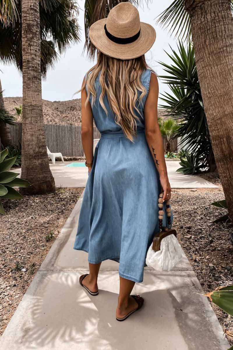 EP | Florcoo Robe midi en denim sans manches, lacée, à une seule rangée de boutons