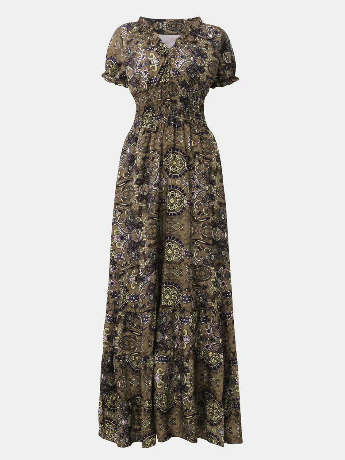 ND | Grande robe avec décolleté en V smocké et manches courtes