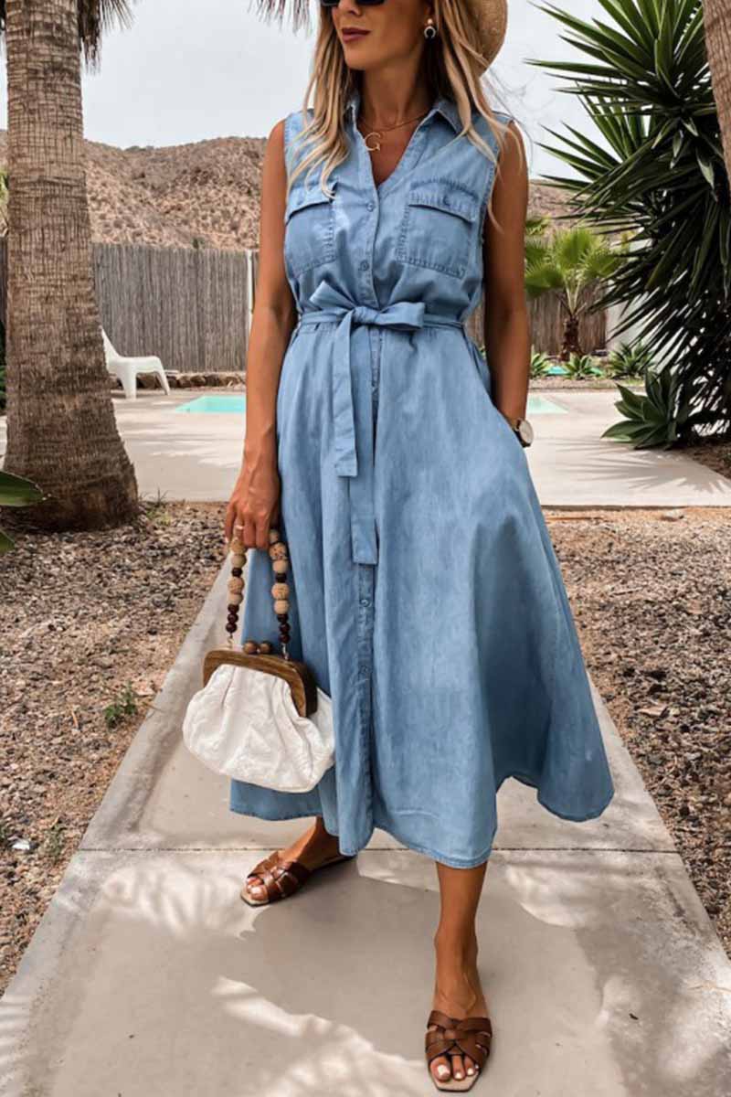 EP | Florcoo Robe midi en denim sans manches, lacée, à une seule rangée de boutons