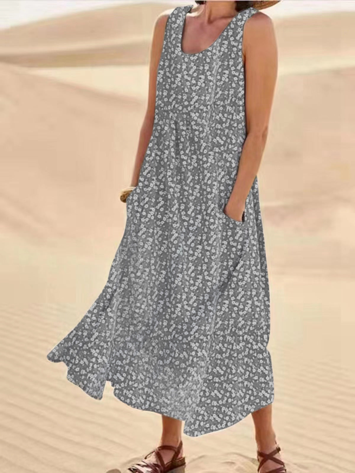 ND | Emma - Robe sans manches à col rond, grande robe fleurie balancée, taille L
