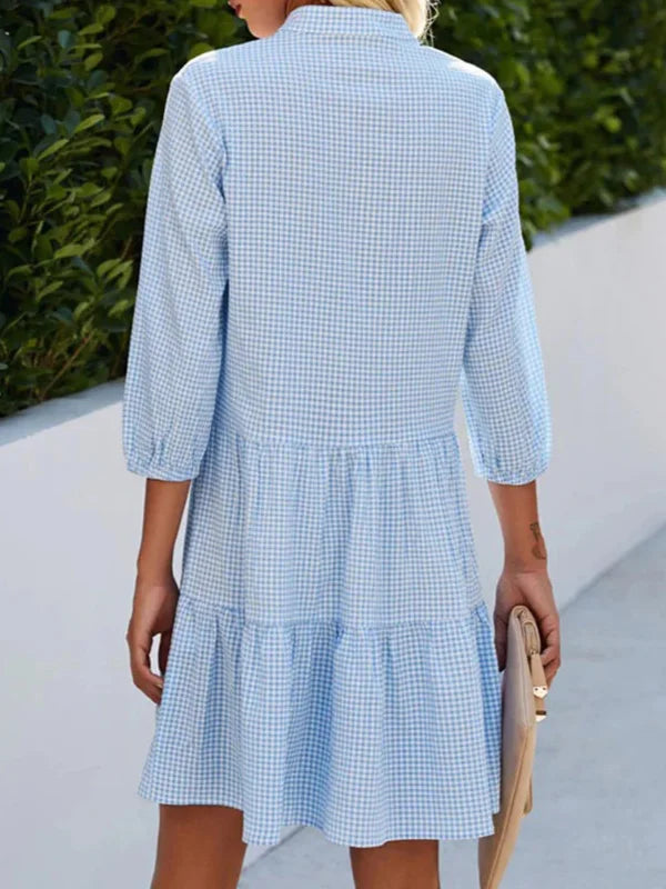 ND | Robe chemise ample en ligne A, à carreaux, avec encolure partagée, dos nu et fermeture à boutons