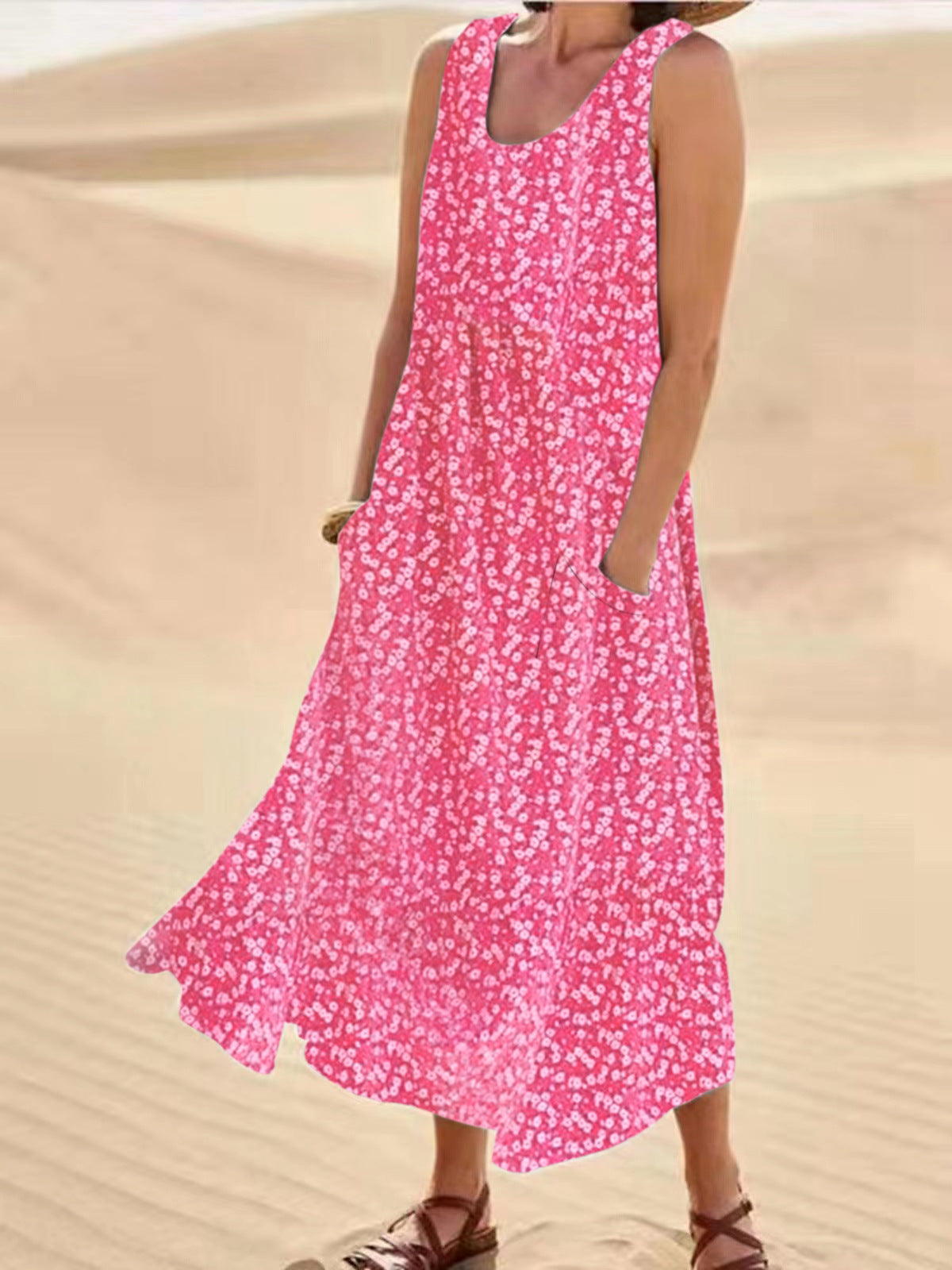 ND | Emma - Robe sans manches à col rond, grande robe fleurie balancée, taille L