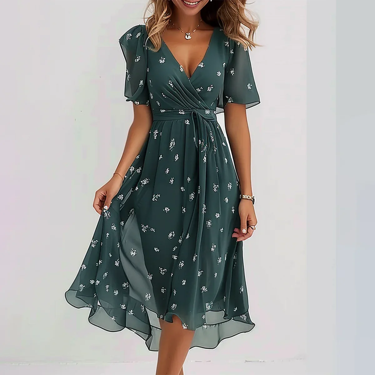 EP | Robe midi verte stylée à manches courtes