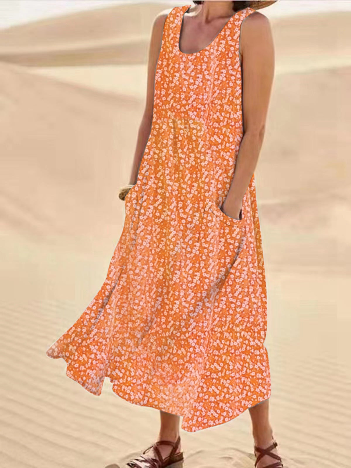 ND | Emma - Robe sans manches à col rond, grande robe fleurie balancée, taille L