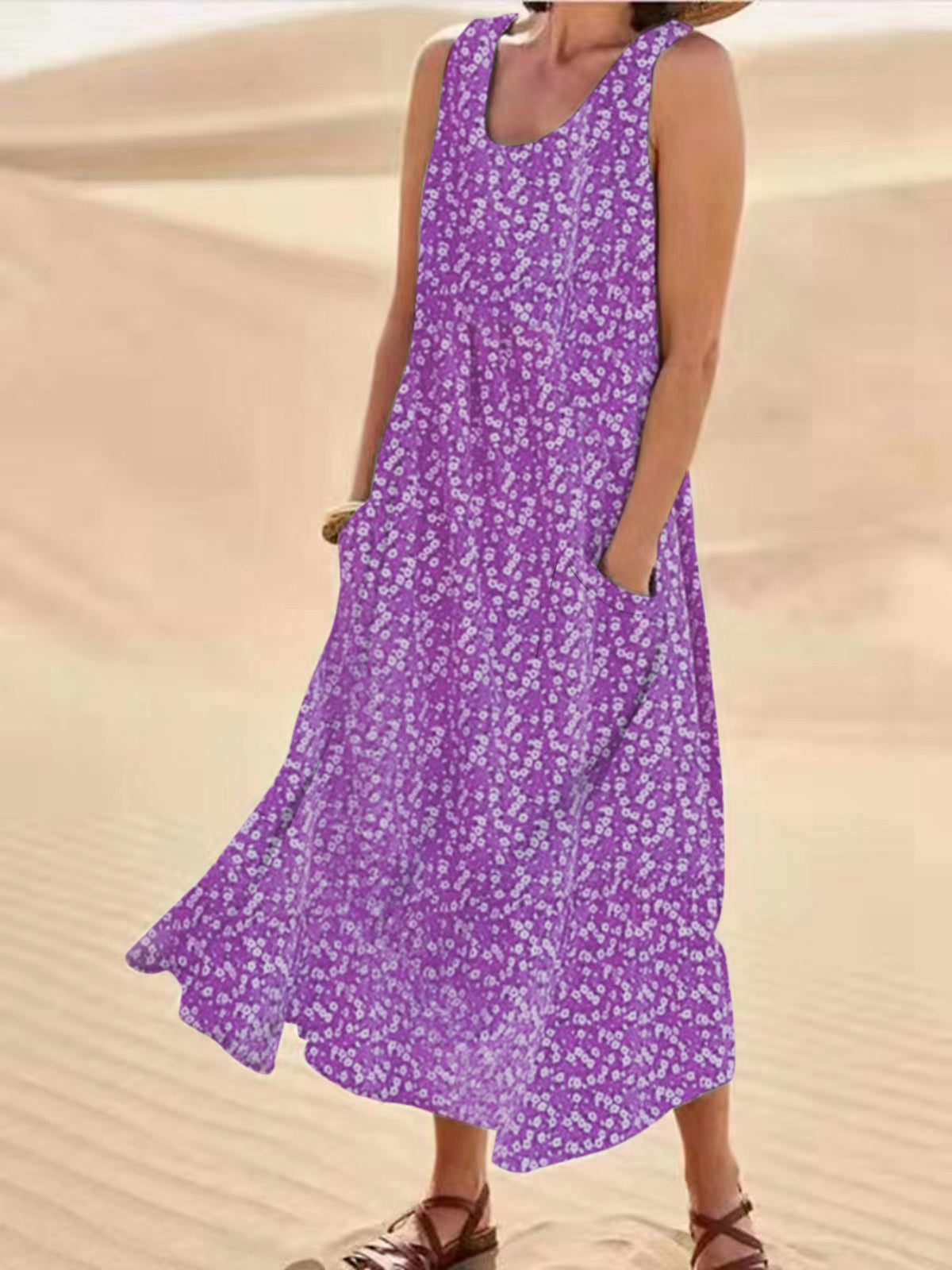 ND | Emma - Robe sans manches à col rond, grande robe fleurie balancée, taille L