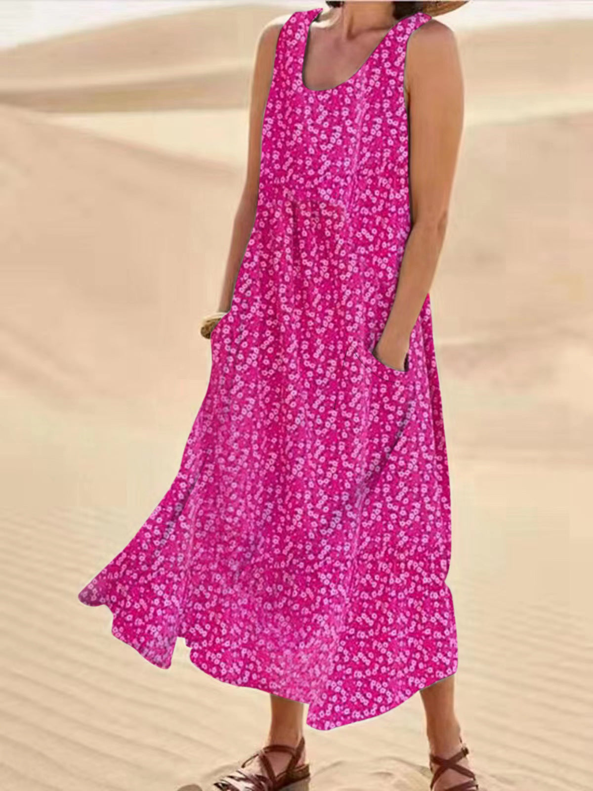 ND | Emma - Robe sans manches à col rond, grande robe fleurie balancée, taille L