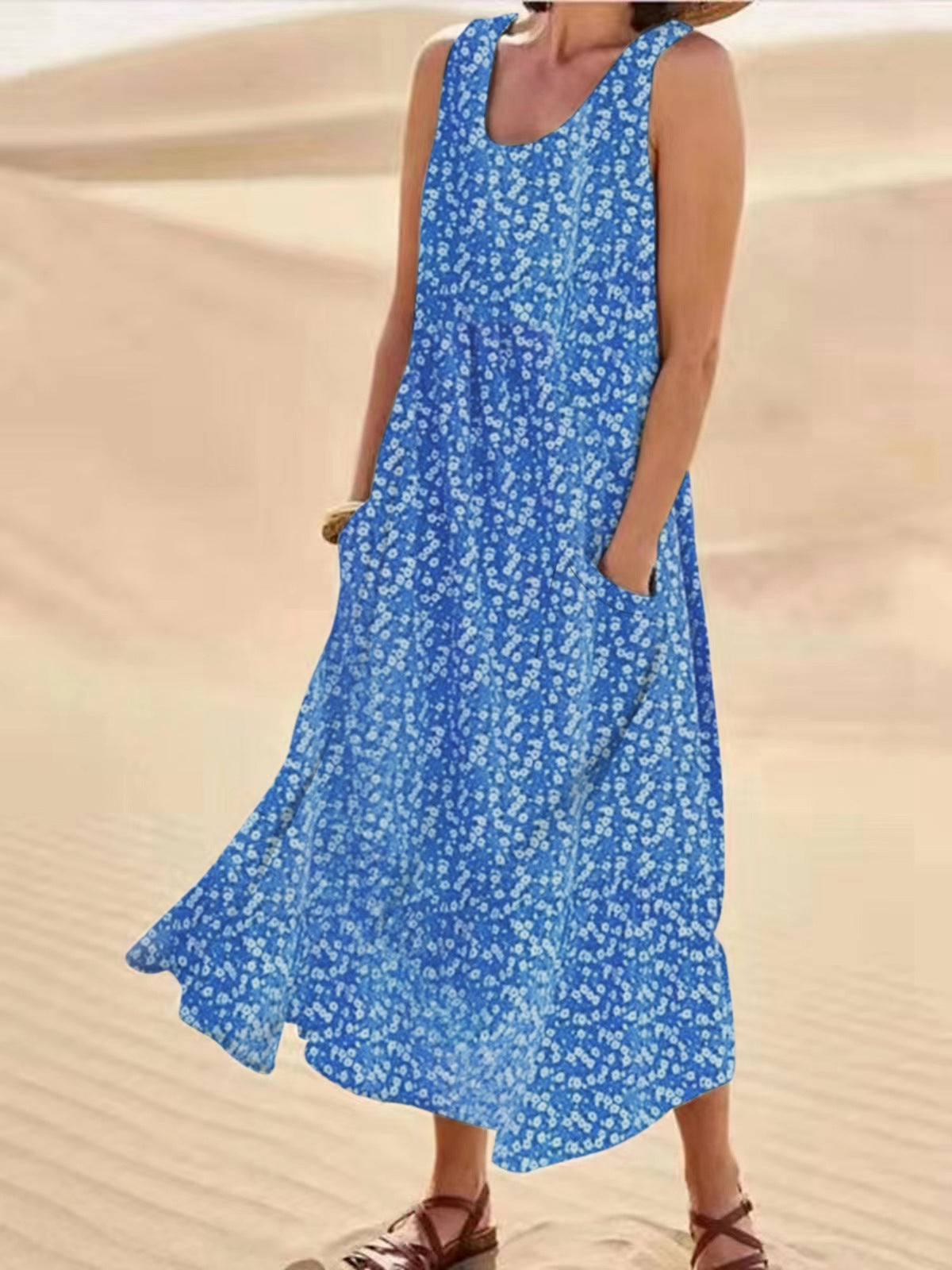 ND | Emma - Robe sans manches à col rond, grande robe fleurie balancée, taille L