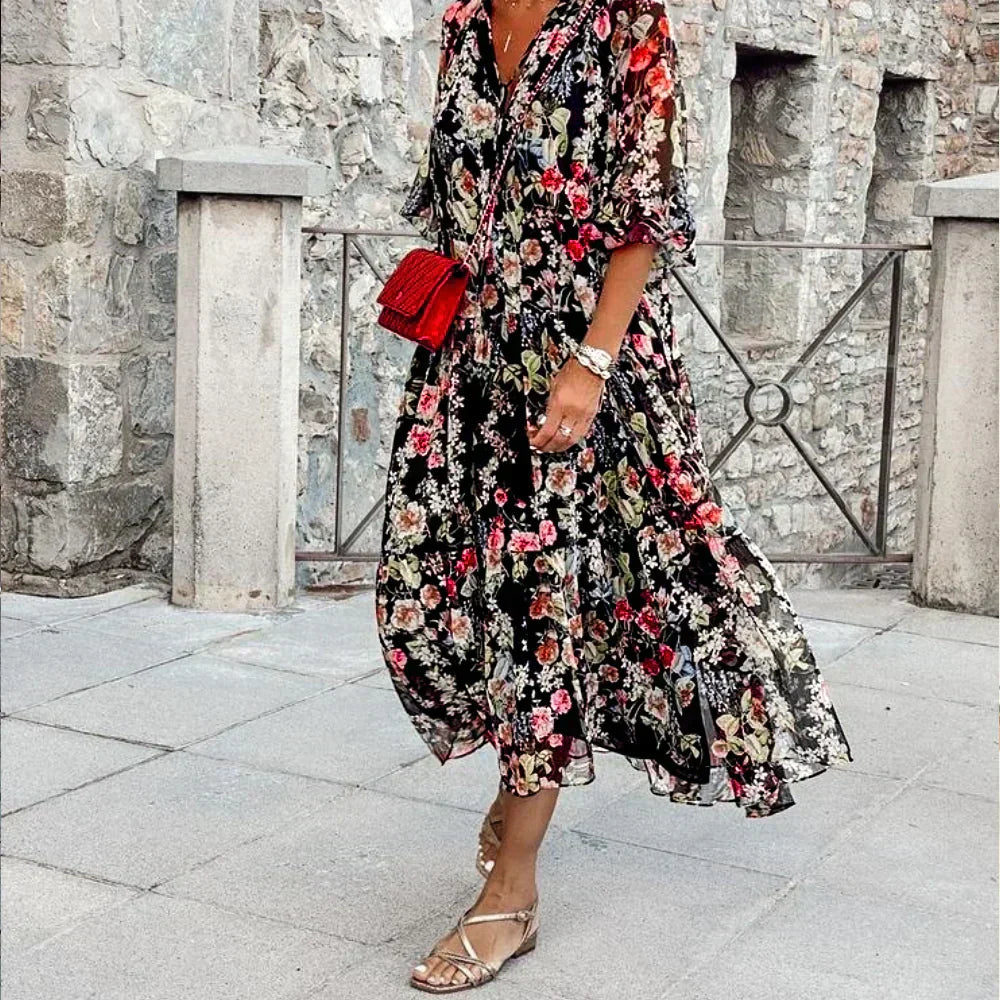 ND | Maxi-robe avec col en V et motif floral