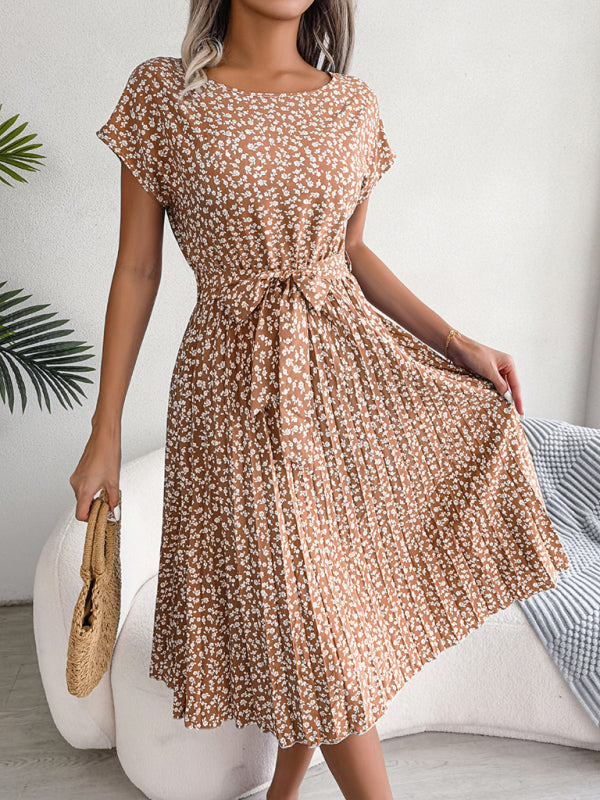 ND | A-Line Fleurie Encolure ronde Robe midi avec ceinture à la taille