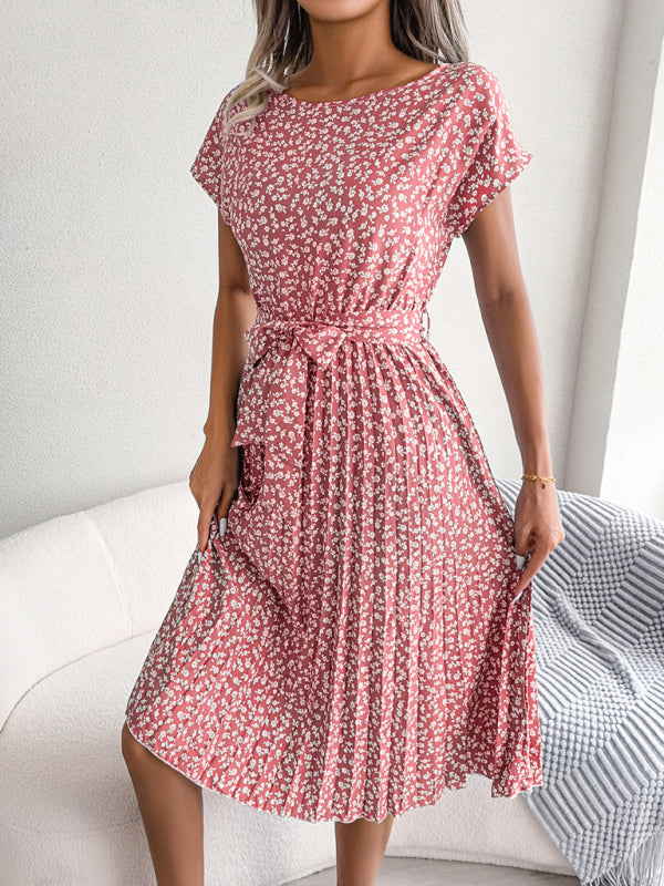 ND | A-Line Fleurie Encolure ronde Robe midi avec ceinture à la taille