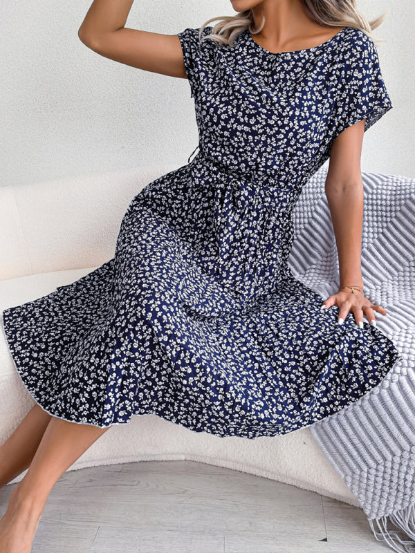 ND | A-Line Fleurie Encolure ronde Robe midi avec ceinture à la taille