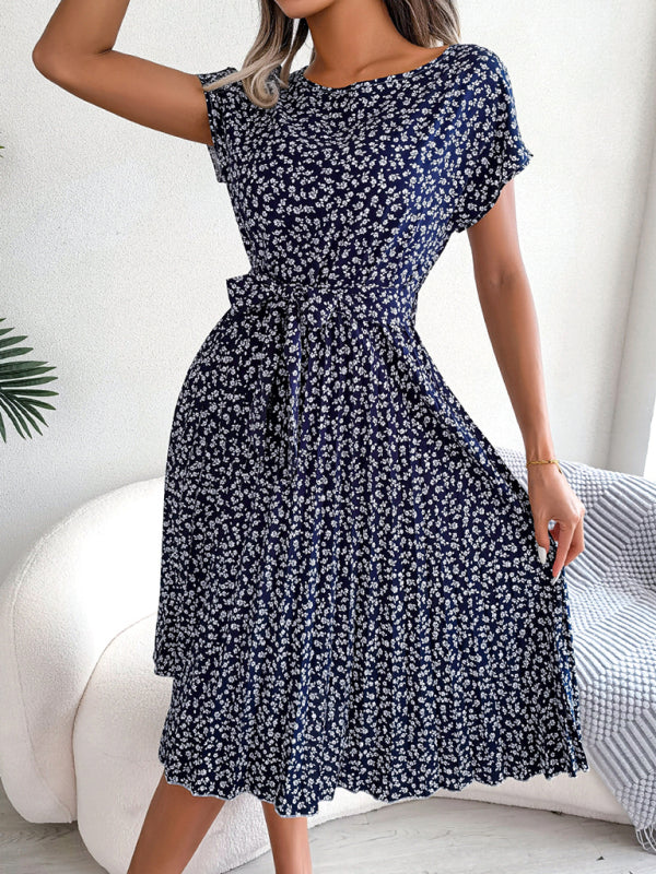 ND | A-Line Fleurie Encolure ronde Robe midi avec ceinture à la taille