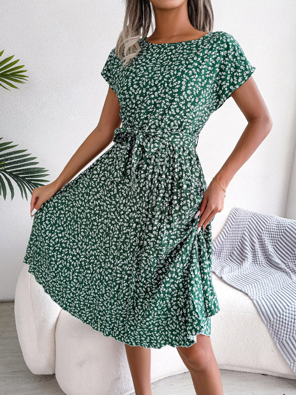 ND | A-Line Fleurie Encolure ronde Robe midi avec ceinture à la taille
