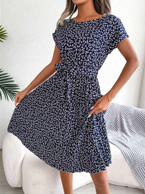 ND | A-Line Fleurie Encolure ronde Robe midi avec ceinture à la taille