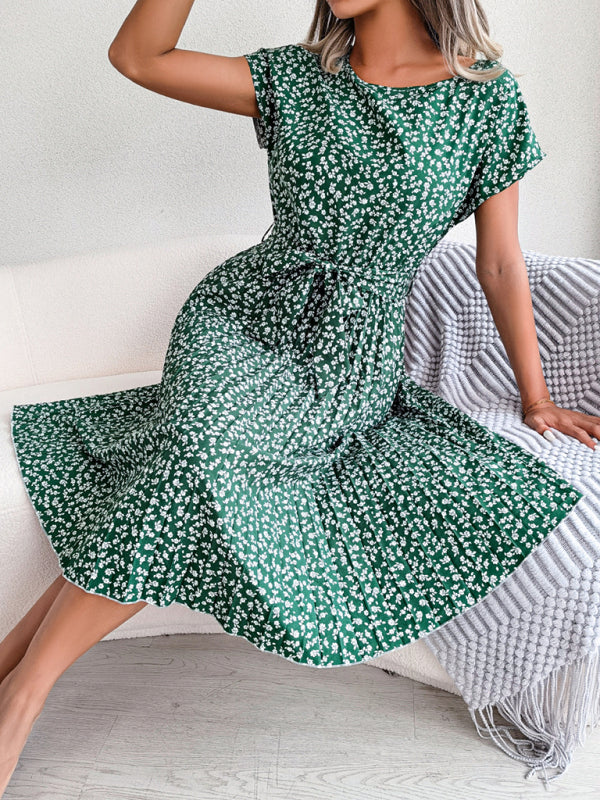 ND | A-Line Fleurie Encolure ronde Robe midi avec ceinture à la taille