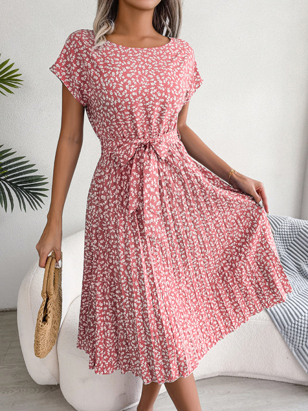 ND | A-Line Fleurie Encolure ronde Robe midi avec ceinture à la taille