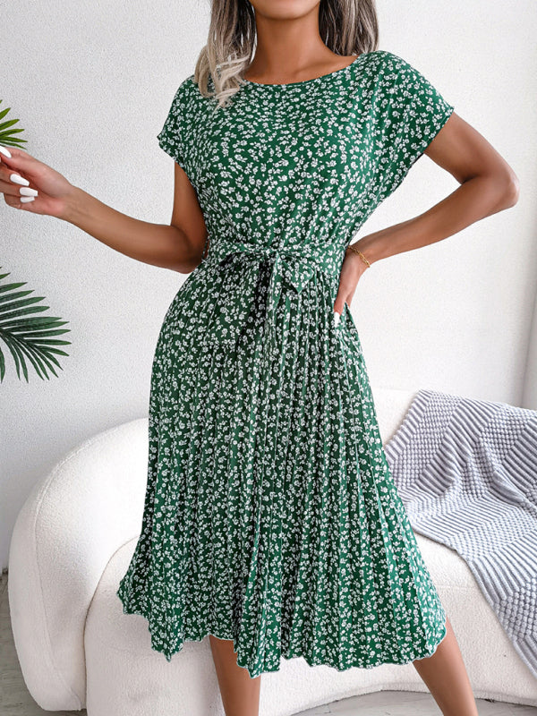 ND | A-Line Fleurie Encolure ronde Robe midi avec ceinture à la taille