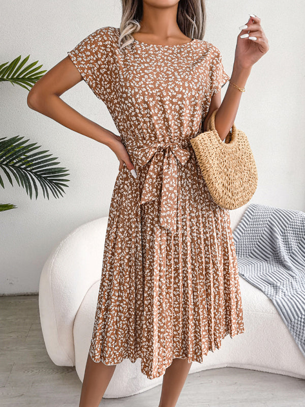 ND | A-Line Fleurie Encolure ronde Robe midi avec ceinture à la taille