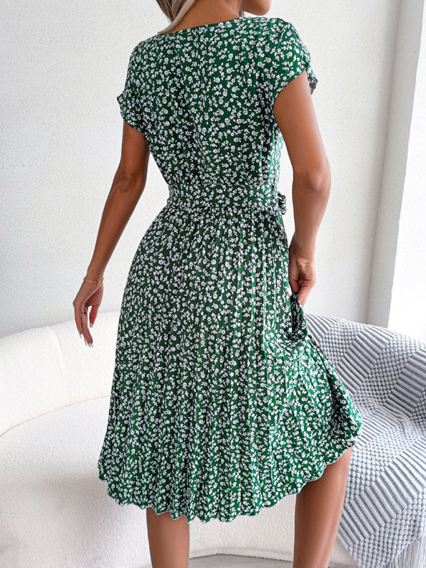 ND | A-Line Fleurie Encolure ronde Robe midi avec ceinture à la taille