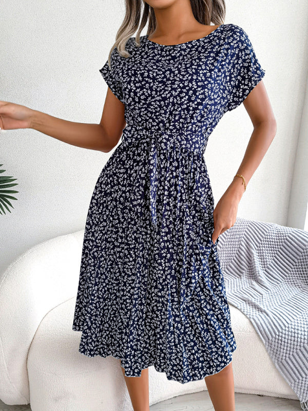 ND | A-Line Fleurie Encolure ronde Robe midi avec ceinture à la taille