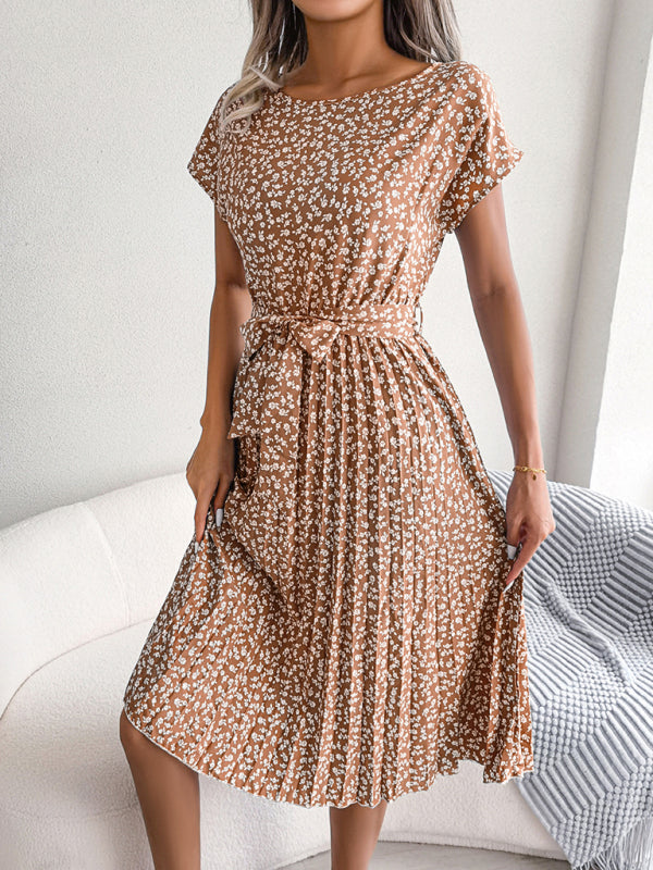 ND | A-Line Fleurie Encolure ronde Robe midi avec ceinture à la taille