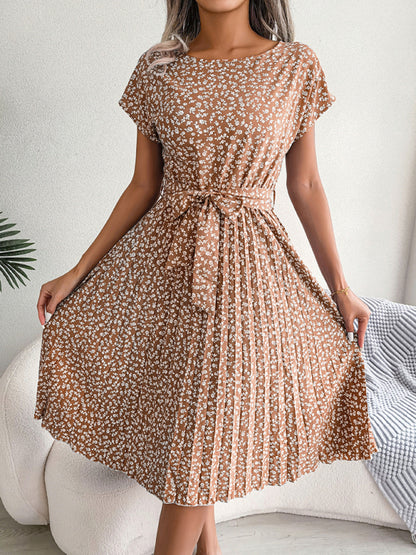 ND | A-Line Fleurie Encolure ronde Robe midi avec ceinture à la taille