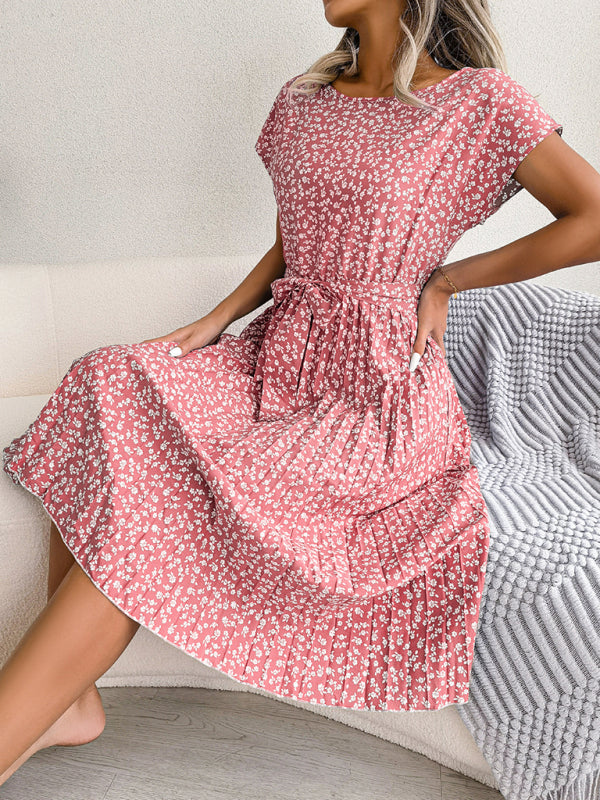 ND | A-Line Fleurie Encolure ronde Robe midi avec ceinture à la taille
