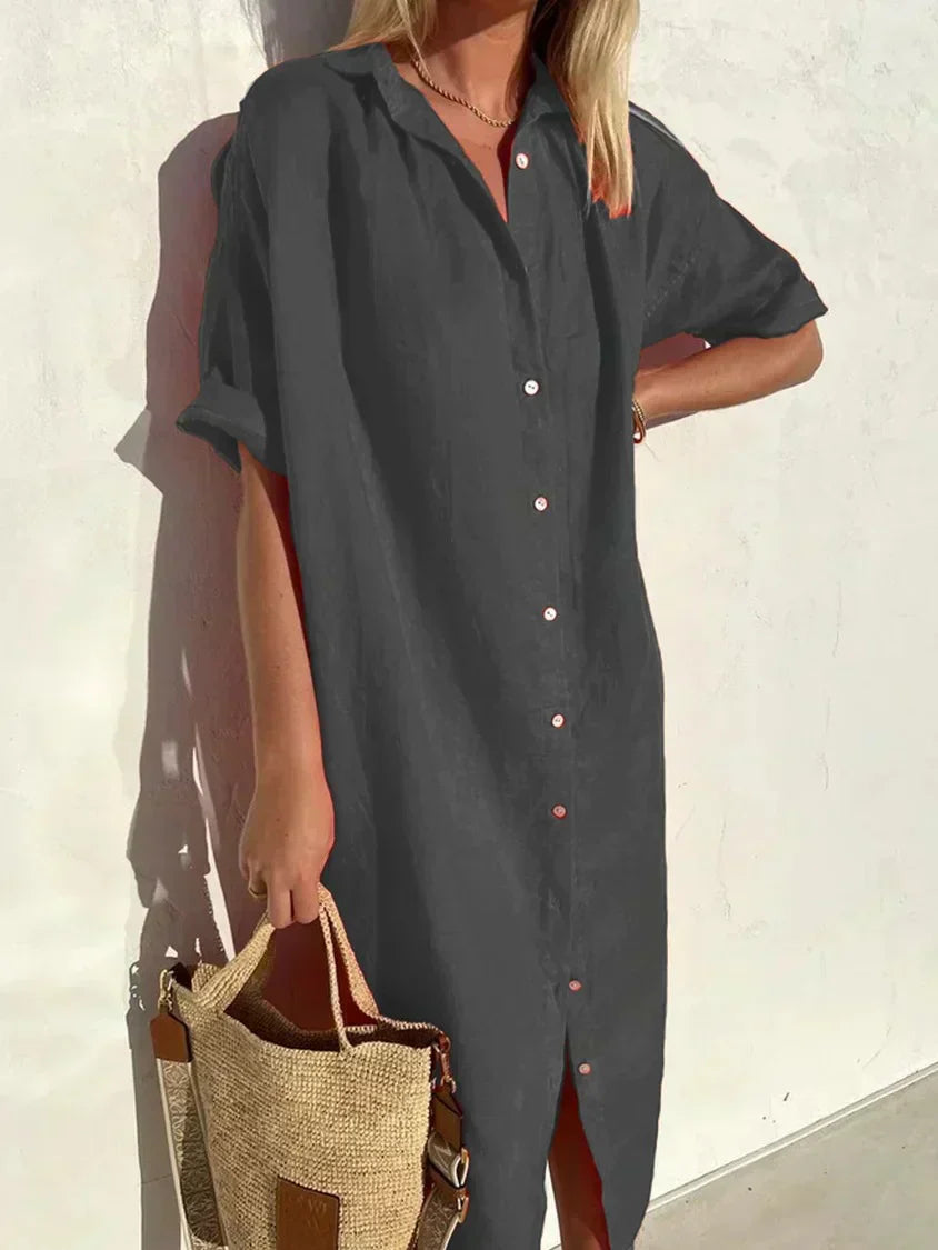 ND | Robe unie col V en lin et coton à la mode lin et coton