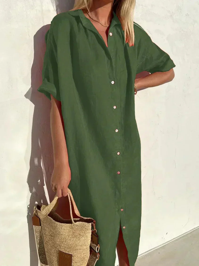 ND | Robe unie col V en lin et coton à la mode lin et coton