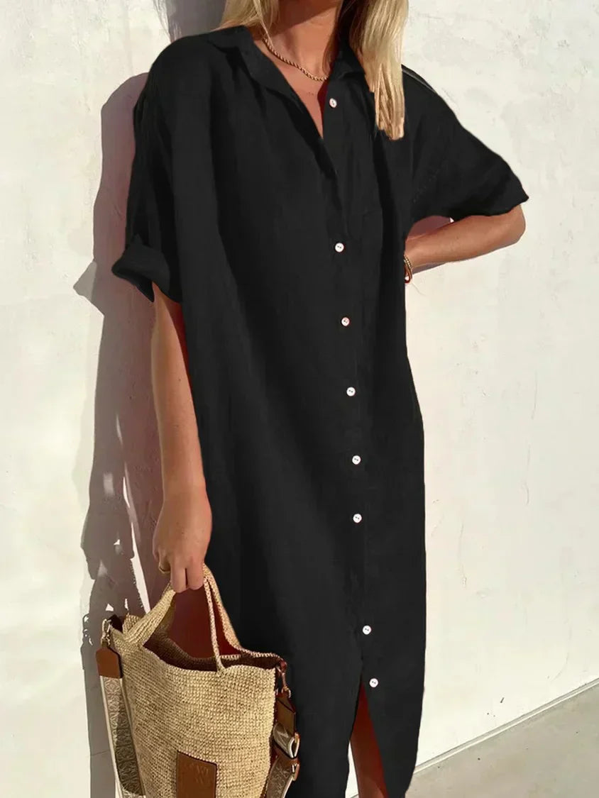 ND | Robe unie col V en lin et coton à la mode lin et coton