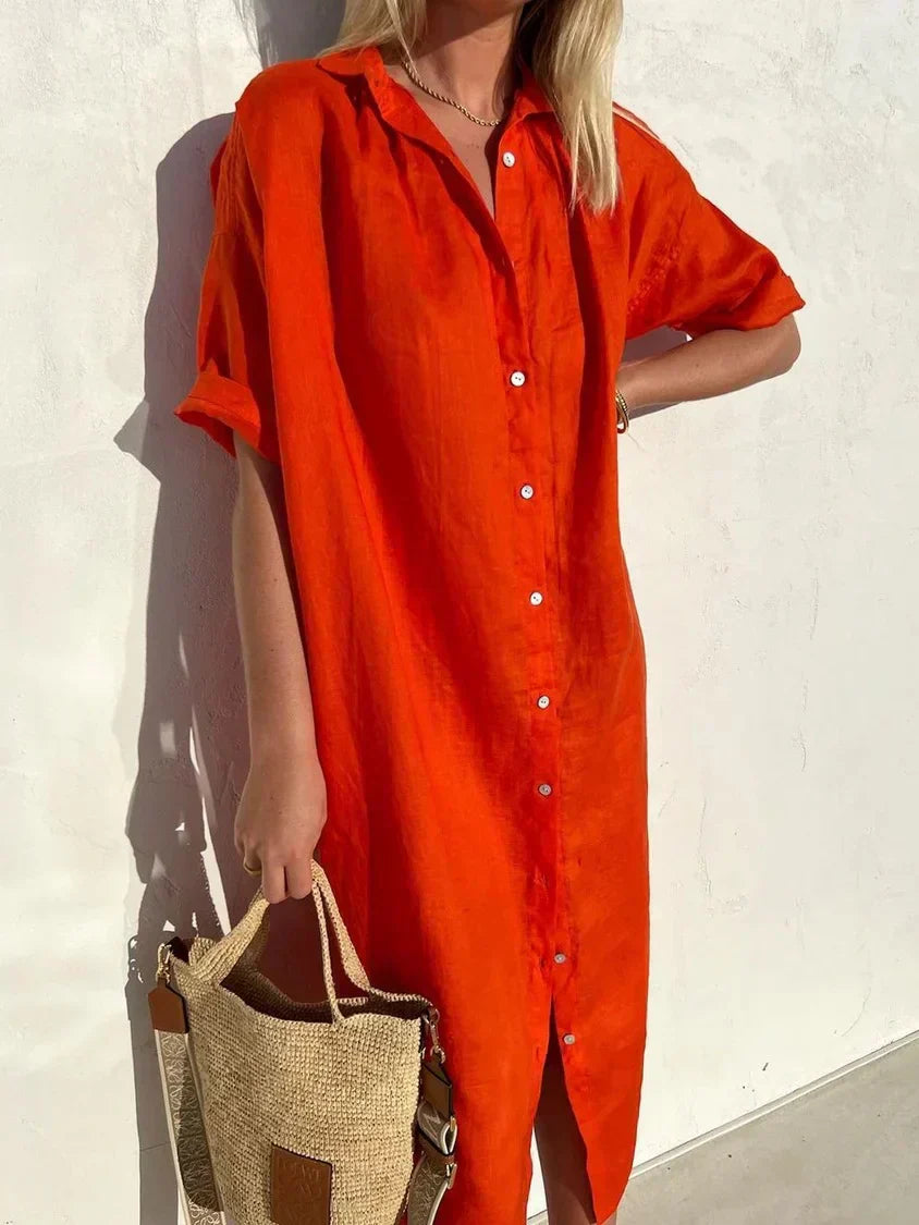 ND | Robe unie col V en lin et coton à la mode lin et coton