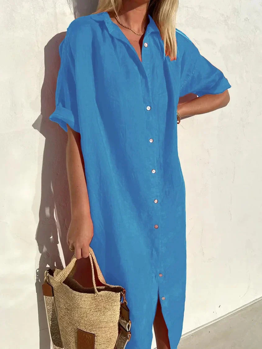 ND | Robe unie col V en lin et coton à la mode lin et coton