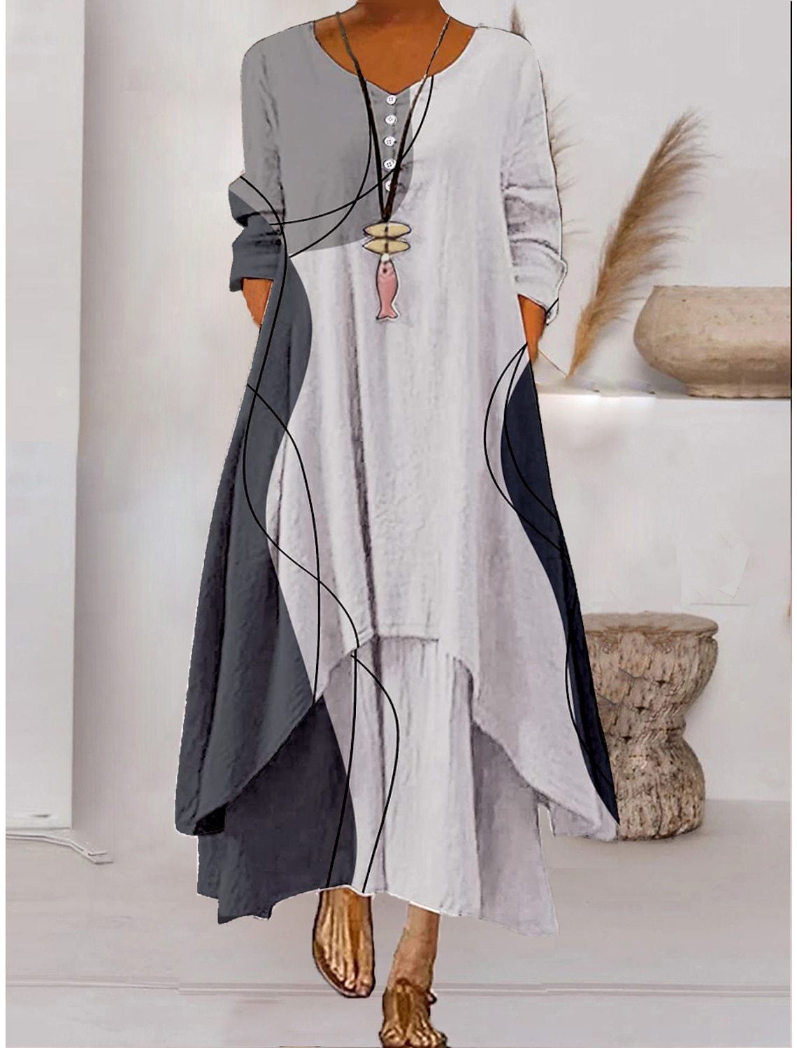 ND | Maxi-robe à manches longues - décolleté à boutons