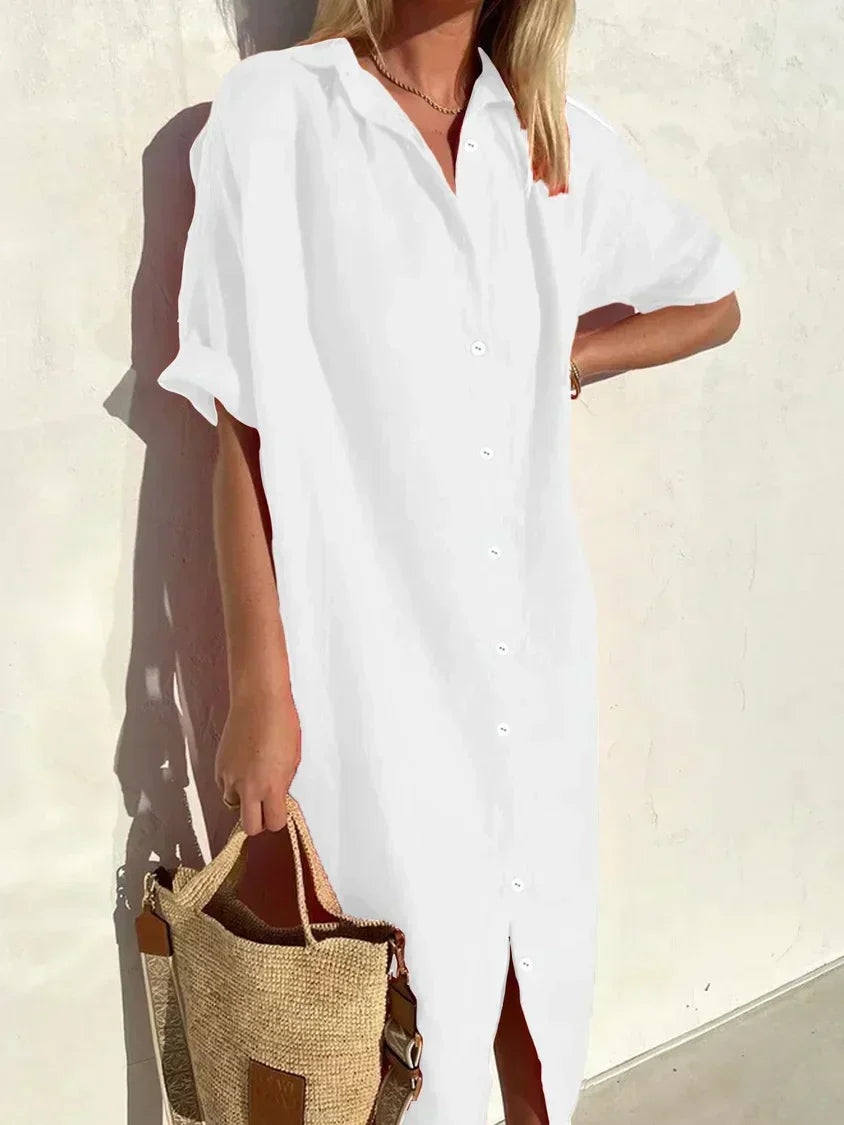 ND | Robe unie col V en lin et coton à la mode lin et coton