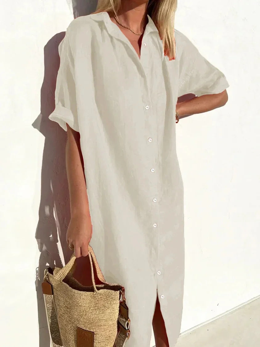 ND | Robe unie col V en lin et coton à la mode lin et coton