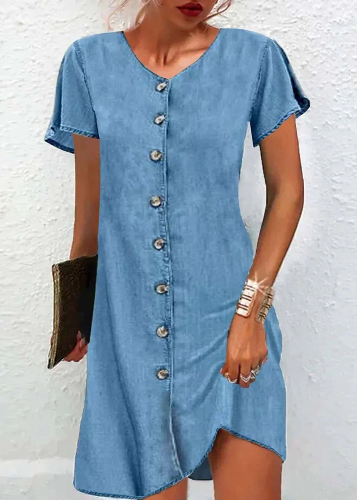 ND | robe bleue simple en denim patchwork à col en V et à manches courtes